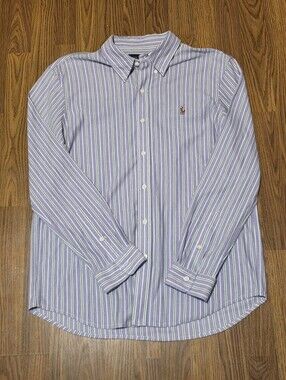 Ralph Lauren Men's XL Purple White Striped Oxford Knit Button Down Shirt B23